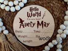 Load image into Gallery viewer, Wizard Baby Personalized Name Announcement , Baby Shower Gift , Nursery Decor , Gender Reveal , Baby Gift , Laser Engraved , Baby Milestone