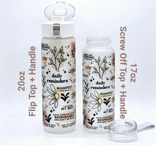 Load image into Gallery viewer, Daily Bible Affirmations Edition, 20oz Frosted Glass Water Bottle, Flip Top Lid w Strap Included, Affirmation, Mother's Day, Water Tracker
