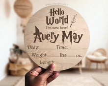 Load image into Gallery viewer, Wizard Baby Personalized Name Announcement , Baby Shower Gift , Nursery Decor , Gender Reveal , Baby Gift , Laser Engraved , Baby Milestone