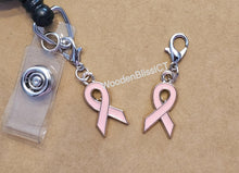 Load image into Gallery viewer, Badge Reel Charm, Breast Cancer Awareness Charm, Lanyard Charm, Nurse Teacher Badge Charm, Nurse ID Holder, Cancer Awarness, ID Holder Charm