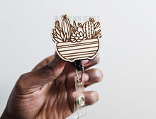 Load image into Gallery viewer, Wooden Badge Reel, Cactus Succulent Floral Badge Reel, Nurse Teacher Retractable Badge Reel, Badge Buddies ID Reel, Nurses Appreciation Gift