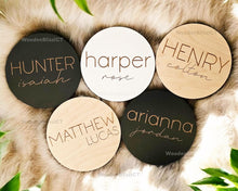 Load image into Gallery viewer, Baby Name Announcement Sign, Baby Shower Gift, Nursery Decor, Gender Reveal, Baby Gift, Laser Engraved, Baby Name Round, Photo Prop