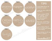 Load image into Gallery viewer, Baby Name Announcement Sign, Baby Shower Gift, Nursery Decor, Gender Reveal, Baby Gift, Laser Engraved, Baby Name Round, Photo Prop