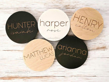 Load image into Gallery viewer, Baby Name Announcement Sign, Baby Shower Gift, Nursery Decor, Gender Reveal, Baby Gift, Laser Engraved, Baby Name Round, Photo Prop