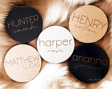 Load image into Gallery viewer, Baby Name Announcement Sign, Baby Shower Gift, Nursery Decor, Gender Reveal, Baby Gift, Laser Engraved, Baby Name Round, Photo Prop