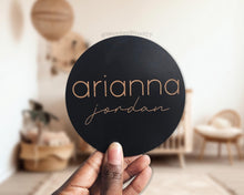 Load image into Gallery viewer, Baby Name Announcement Sign, Baby Shower Gift, Nursery Decor, Gender Reveal, Baby Gift, Laser Engraved, Baby Name Round, Photo Prop
