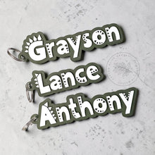 Load image into Gallery viewer, Custom Dinosaur Keychain for Kids Back Pack, Athlete Sports Bag Charm, 3D Printed Name Tag for Luggage, Children Gift, Personalized Bag Tag