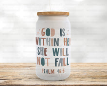 Load image into Gallery viewer, Faith Based Glass Cup, God is Within Her, Bible Scripture, Christian Gift, Iced Coffee Mug, Frosted Glass Tumbler, Birthday, Gift For Her
