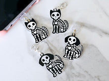 Load image into Gallery viewer, Glow in Dark Kindle Charm, USB-C Dust Plug Charm, Badge Reel Charm, Skeleton Cat &amp; Dog, Phone Charm, Book Accessories, Book Lovers Gift
