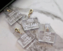 Load image into Gallery viewer, Kindle Charm, USB-C Dust Plug Charm, Badge Reel Charm, Hello My Name Is, PERSONALIZE, Phone Charm, Bookish Accessories, Book Lovers Gift
