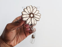 Load image into Gallery viewer, Wooden Badge Reel, Wooden Floral Badge Reel, Nurse Teacher Retractable Badge Reel, Badge Buddies ID Reel, Nurses Appreciation Gift
